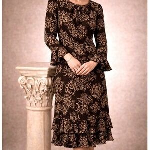 Rare Vintage Oscar de la Renta Womens Brown Floral Dress Long Sleeve Sz S